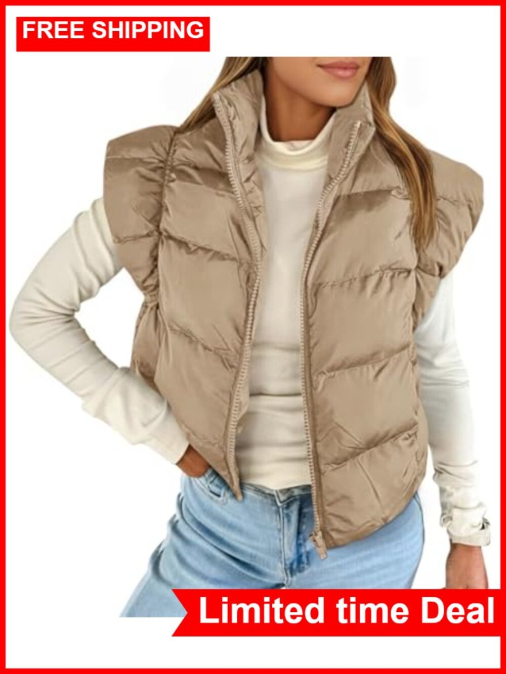Womens Cropped Puffer Vest Cap Sleeve Zip Up Quilted Jacket